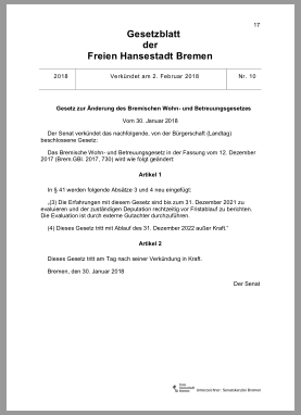 Titelseite des Ergänzungsgesetzes zum Bremischen Wohn- und Betreuungsgesetz